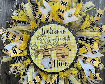 Handmade Bumblebee Wreath: Yellow & Black Door Decor (27”x27”)