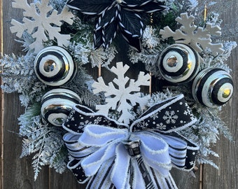 Christmas Poinsettia Wreath: Black, White, and Silver Snowflake Decor