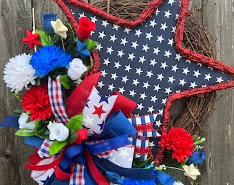 Handmade Patriotic Grapevine Wreath: Star, Roses & Mums