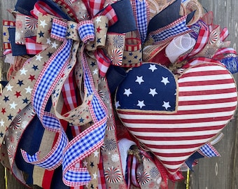 Patriotic Wreath with Flag Heart: Red, White, and Blue Decor