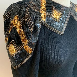 Vintage 1980’s Black Knit Sequined Shoulder Midi  Dress Small