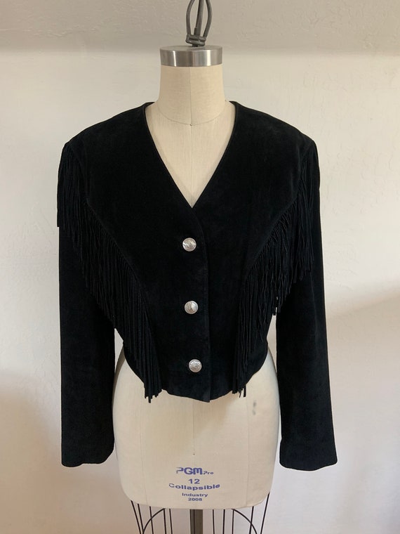 Vintage 1980’s Cropped Fringed Black Suede Jacket - image 8