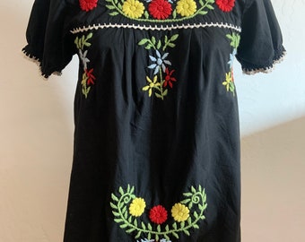 ヴィンテージ刺繍メキシカンプエブラブラックブラウスS