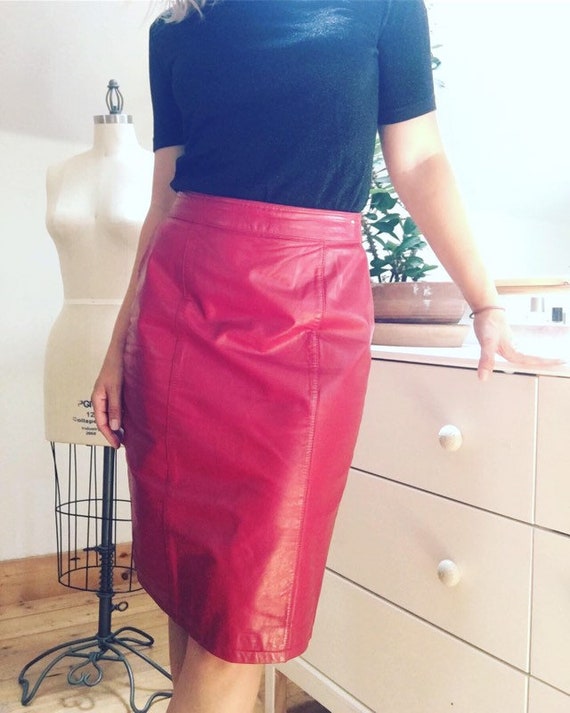 Vintage 1980's Red Leather Pencil Skirt - image 1