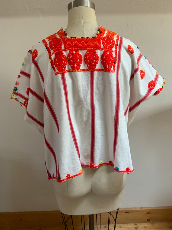 Vintage Hand Embroidered Striped Mexican Huipil - image 3