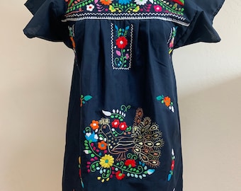 Vintage Hand Embroidered Peacock Mexican Puebla Dress Navy Small Short