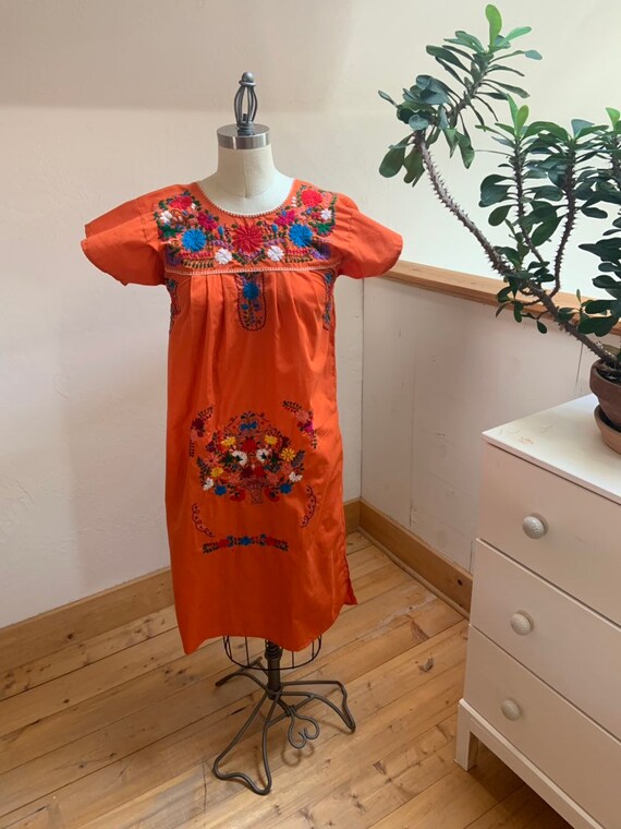 Hand Embroidered Orange Mexican Puebla Dress Small - image 5