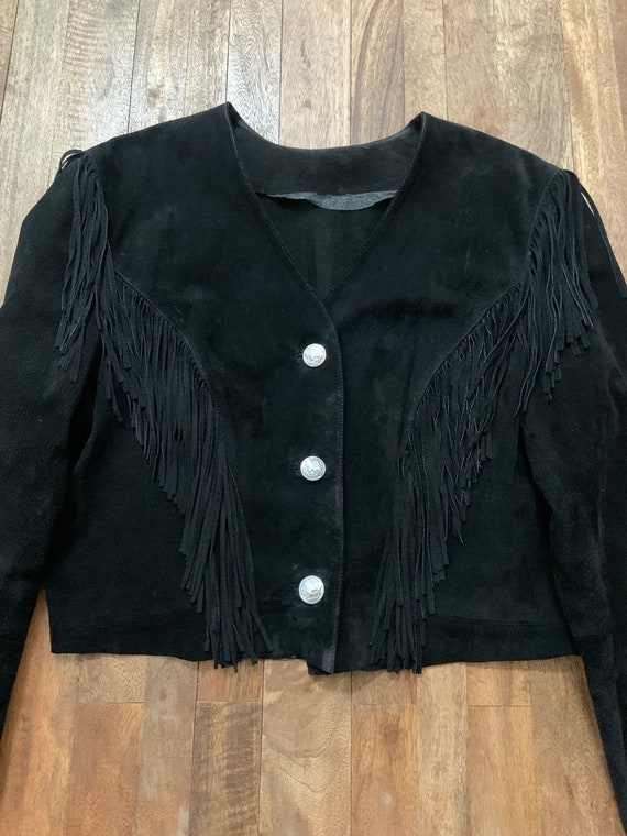 Vintage 1980’s Cropped Fringed Black Suede Jacket - image 7