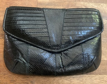 Vintage 1980’s Black Snakeskin Clutch, Vintage Black 1980’s Clutch