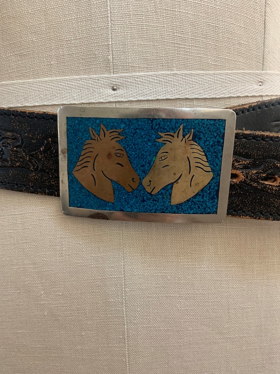 Vintage Tooled Leather Belt With Horse Buckle 34 - Etsy display picture 1