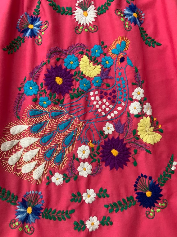 Vintage Pink Hand Embroidered Peacock Floral Pueb… - image 6