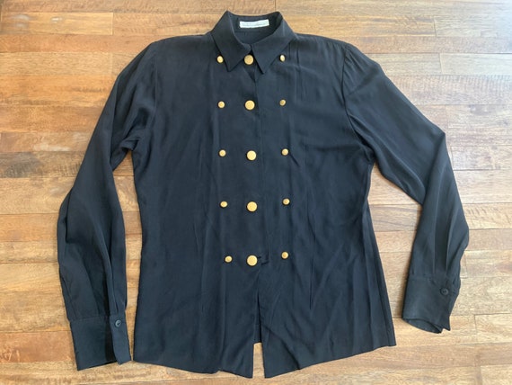 Vintage Black Silk Blouse with Gold Buttons Large - image 8