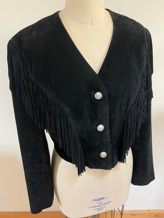 Vintage 1980’s Cropped Fringed Black Suede Jacket - image 5