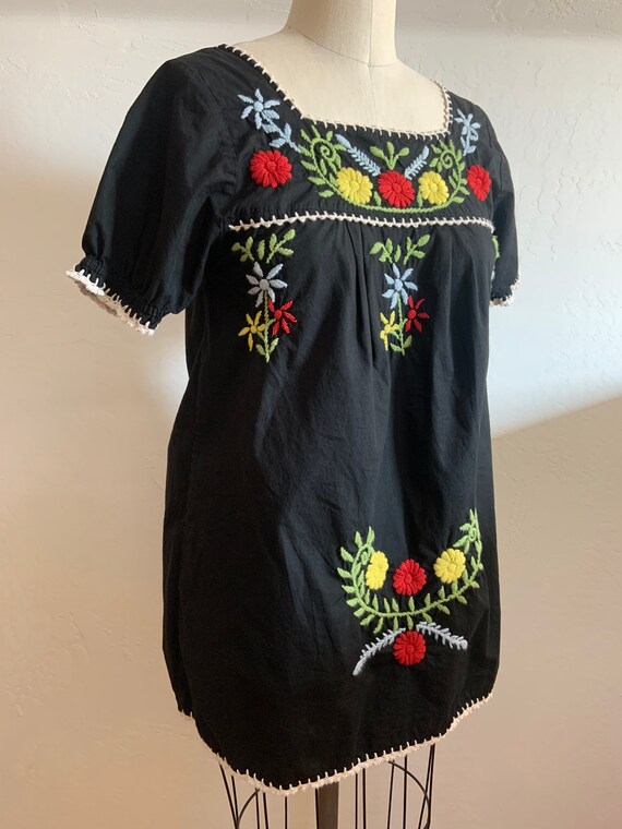 Vintage Embroidered Mexican Puebla Black Blouse S… - image 5