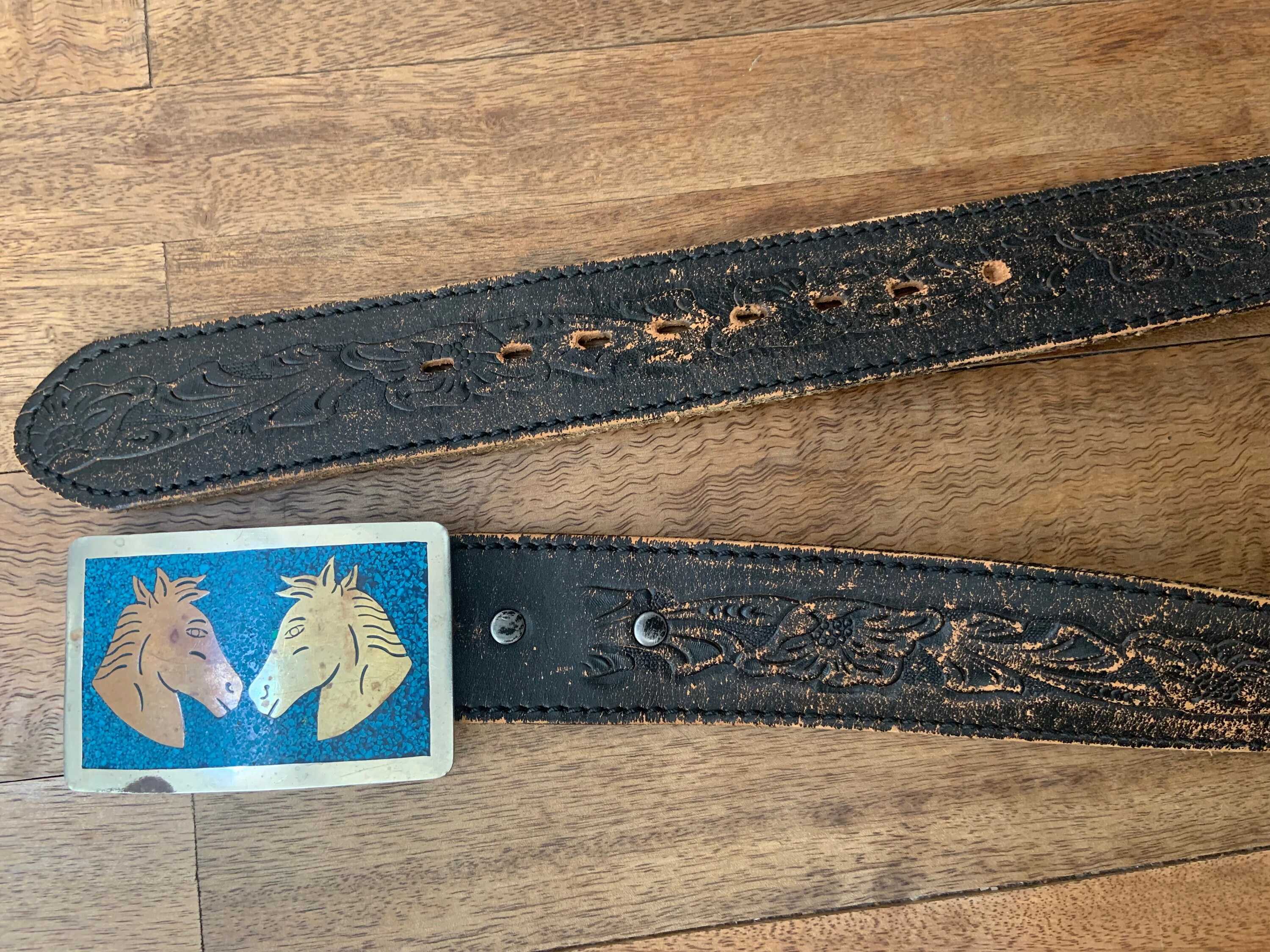 Vintage Tooled Leather Belt With Horse Buckle 34 - Etsy display picture 1