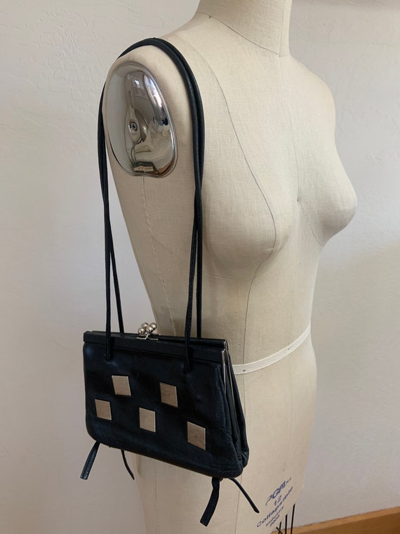 Vintage Black Leather Purse with Silver Squares D… - image 4