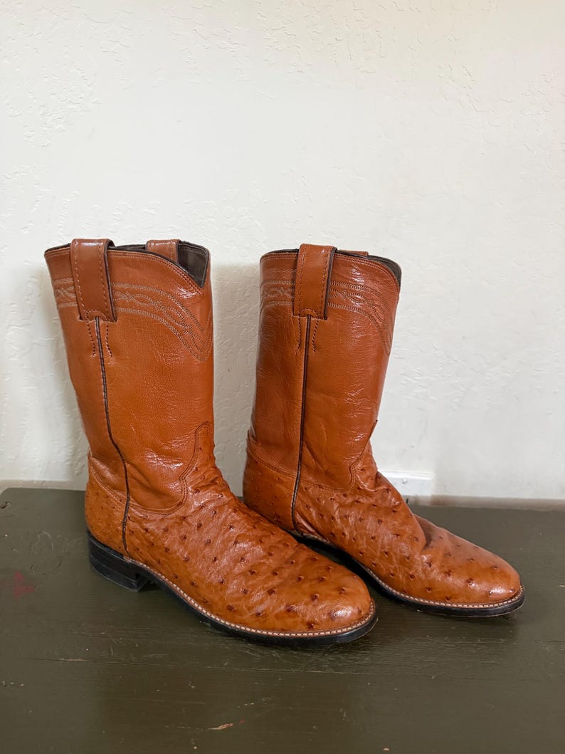 May include: A pair of brown leather cowboy boots. The boots have a textured pattern on the foot and a smooth finish on the upper shaft. The boots have a classic western design with a pointed toe and a stacked heel.