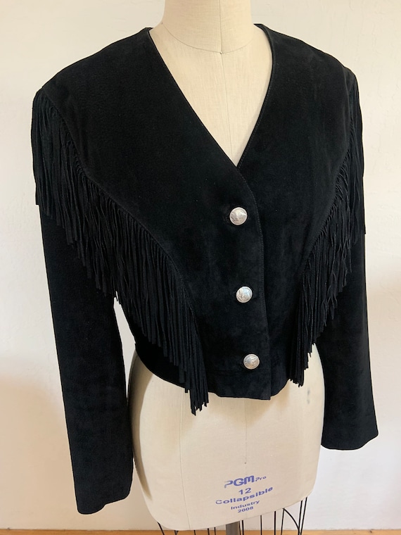 Vintage 1980’s Cropped Fringed Black Suede Jacket - image 1