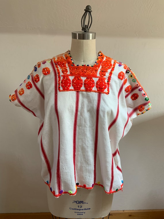 Vintage Hand Embroidered Striped Mexican Huipil - image 1
