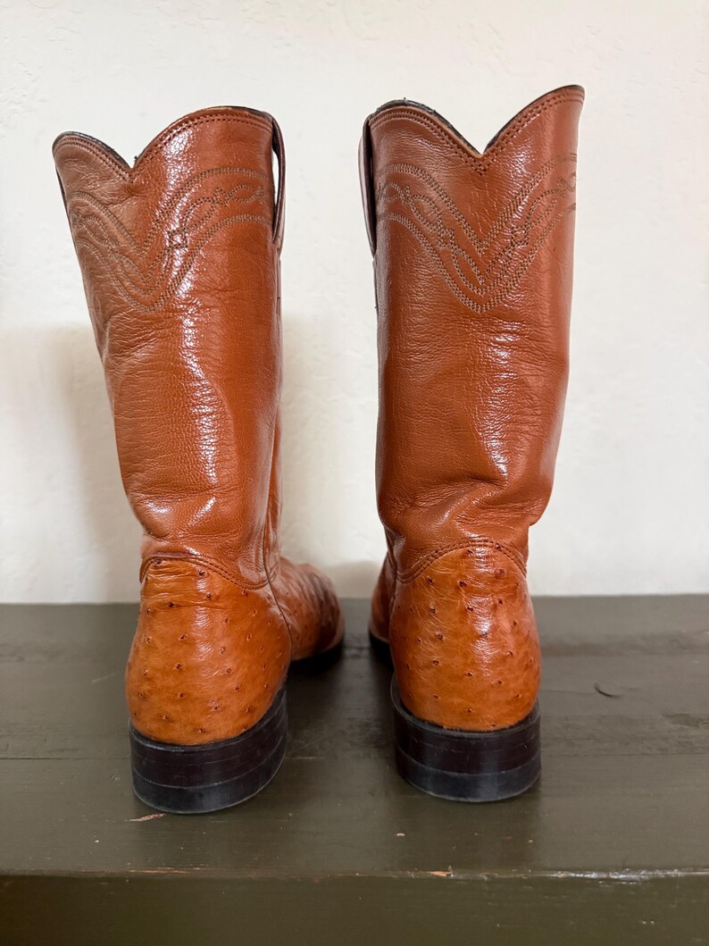 May include: A pair of brown cowboy boots. The boots have a textured leather appearance on the foot and a smooth leather upper with decorative stitching. The soles are dark brown, and the boots are set against a neutral background.
