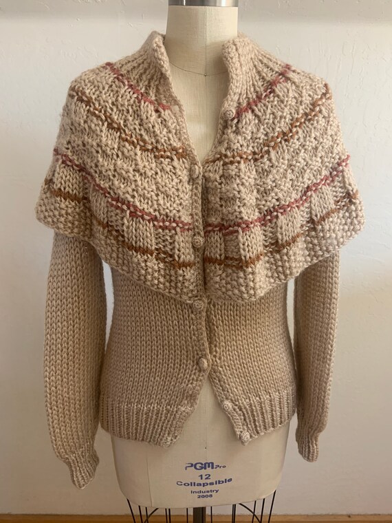 Vintage Beige Hand Knit Cardigan with Capelet Medi