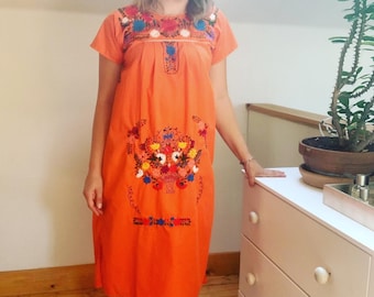 Hand Embroidered Orange Mexican Puebla Dress Small
