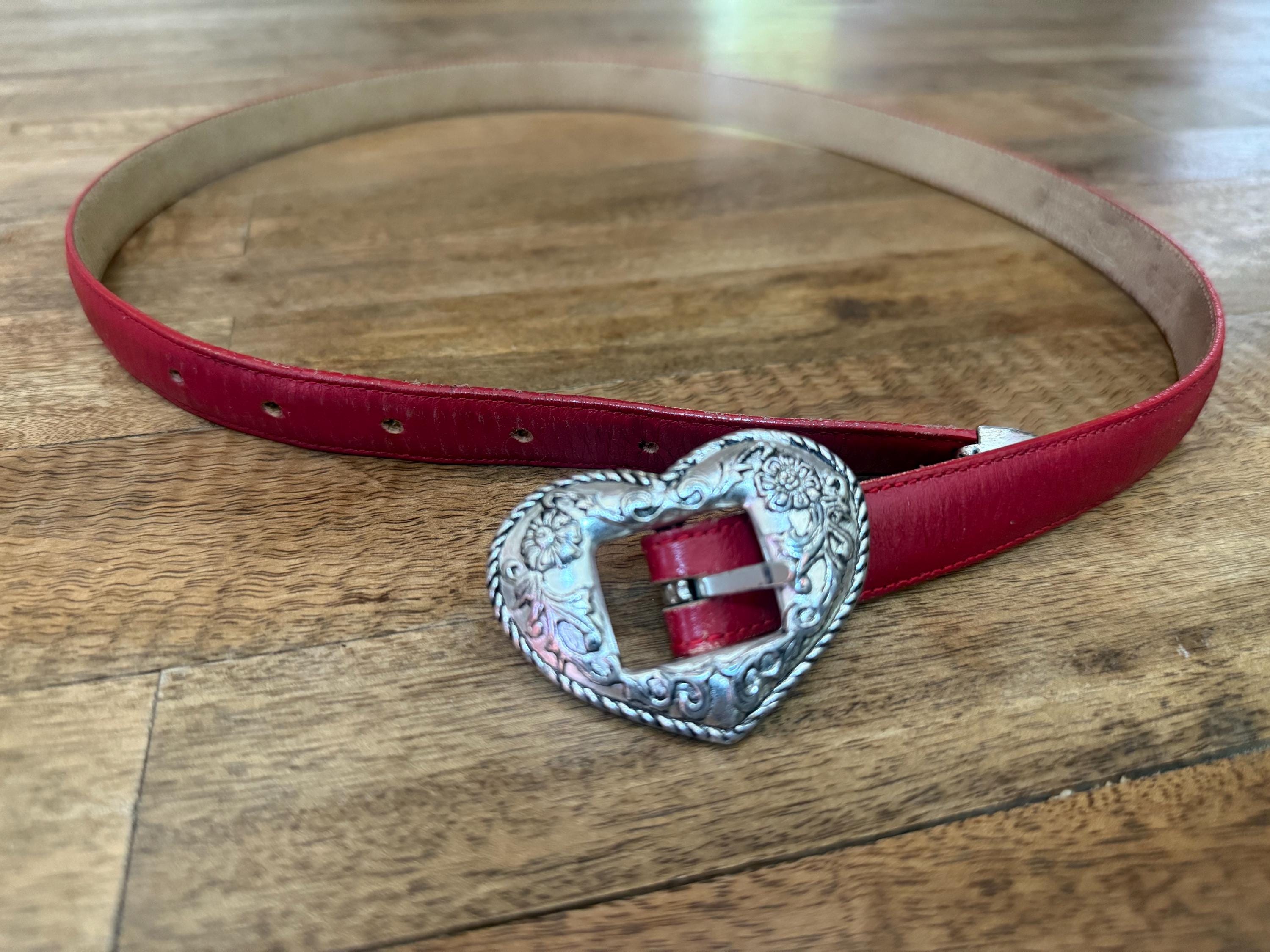Vintage 90s red leather heart concho western belt Red & Black Western Leather Belt With Heart Cut Outs Size 32  main image 2