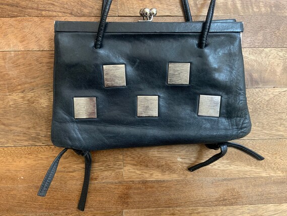 Vintage Black Leather Purse with Silver Squares D… - image 3