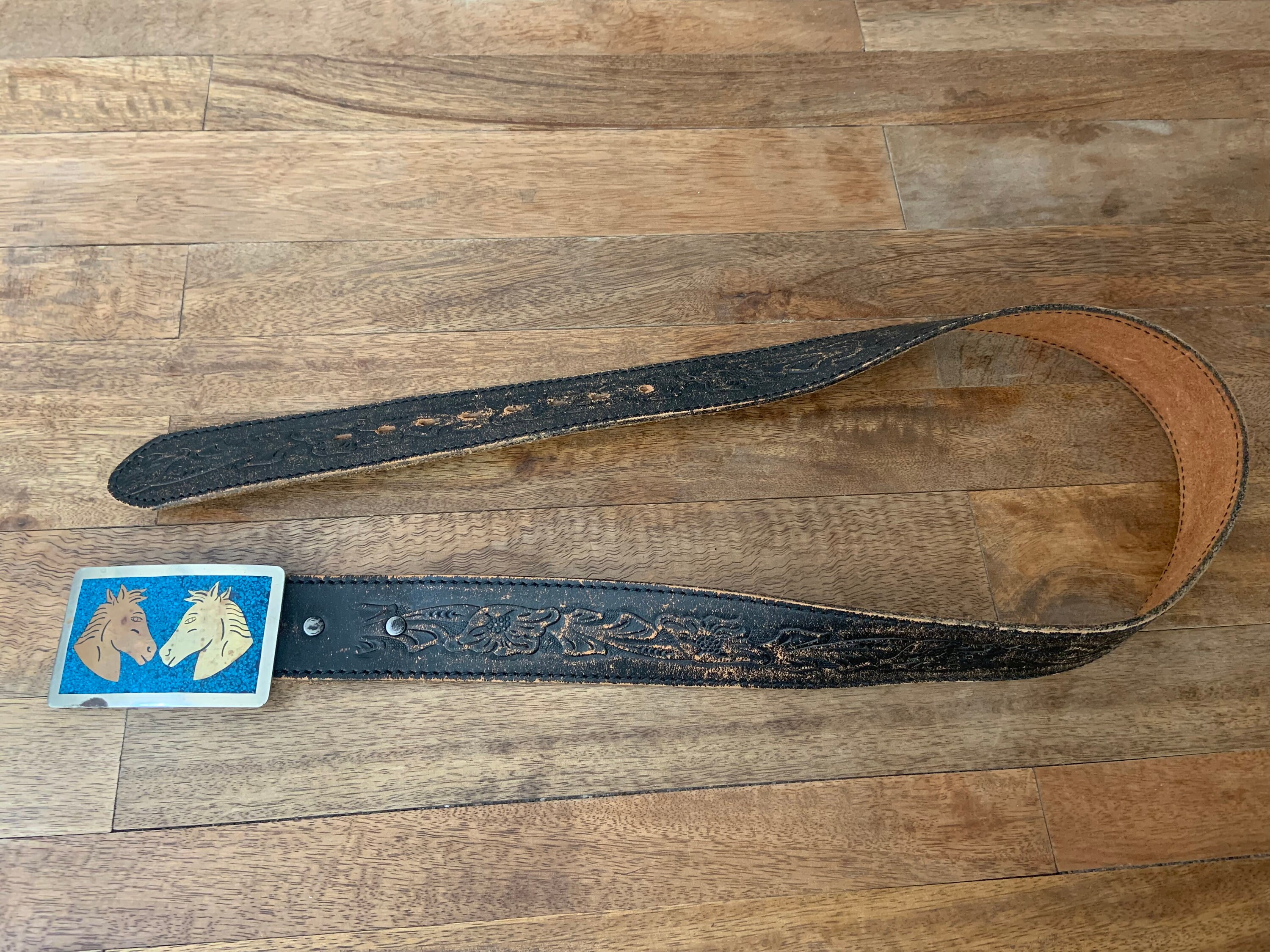 Vintage Tooled Leather Belt With Horse Buckle 34 - Etsy display picture 2