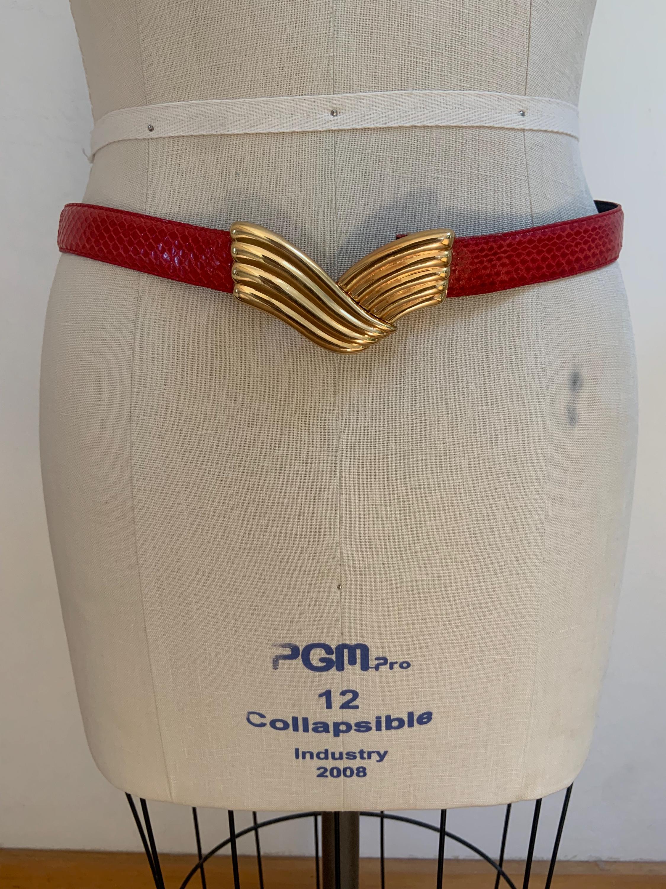 Vintage 1980s Glamorous Red Snake Skin on Leather Belt with Rad Gold Buckle Vintage 80s 90s Snakeskin Belt With Gold Baroque Buckle  main image 2