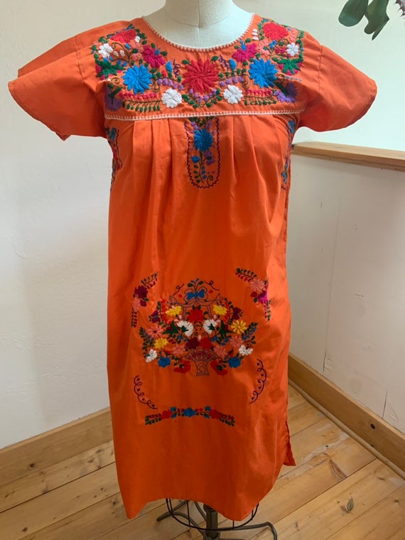 Hand Embroidered Orange Mexican Puebla Dress Small - image 3