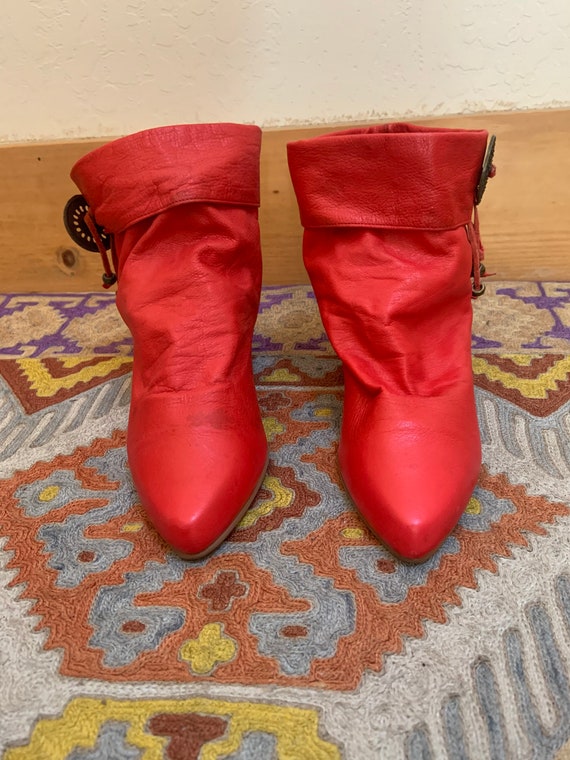 Vintage 1980’s Red Leather Booties with Concho Fr… - image 5