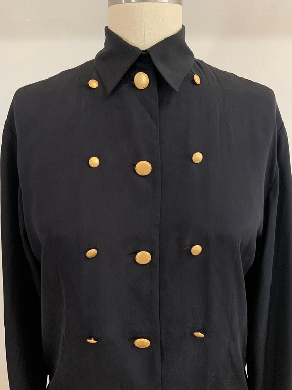 Vintage Black Silk Blouse with Gold Buttons Large - image 2