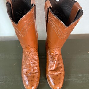 May include: A pair of brown leather cowboy boots with a textured pattern. The boots have a pointed toe and a tall shaft with decorative stitching. The interior of the boots is a darker brown color.