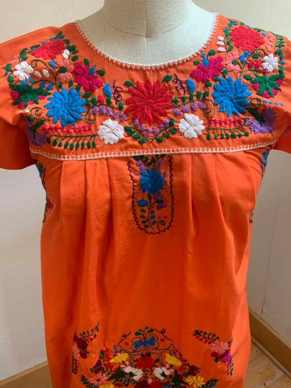 Hand Embroidered Orange Mexican Puebla Dress Small - image 2