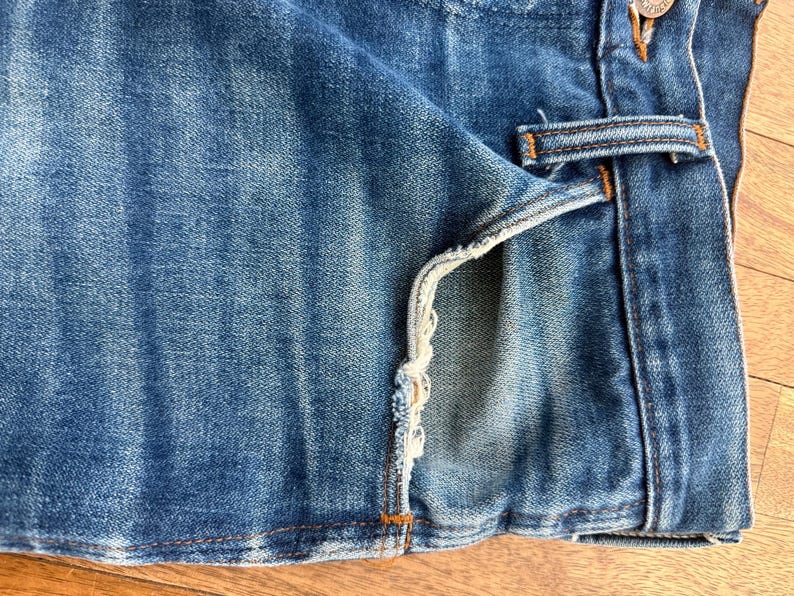 Pu&ograve; includere: Primo piano di tessuto denim blu, che mostra la trama e i dettagli di un paio di jeans. L'immagine evidenzia il bordo della tasca con dettagli sfilacciati e un passante per cintura. Il denim ha un aspetto usurato.