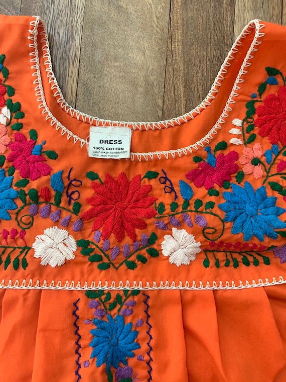 Hand Embroidered Orange Mexican Puebla Dress Small - image 9