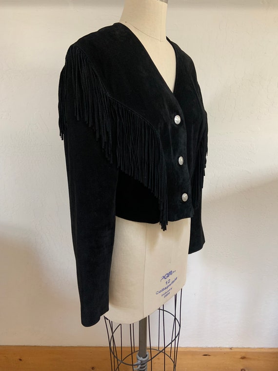 Vintage 1980’s Cropped Fringed Black Suede Jacket - image 3