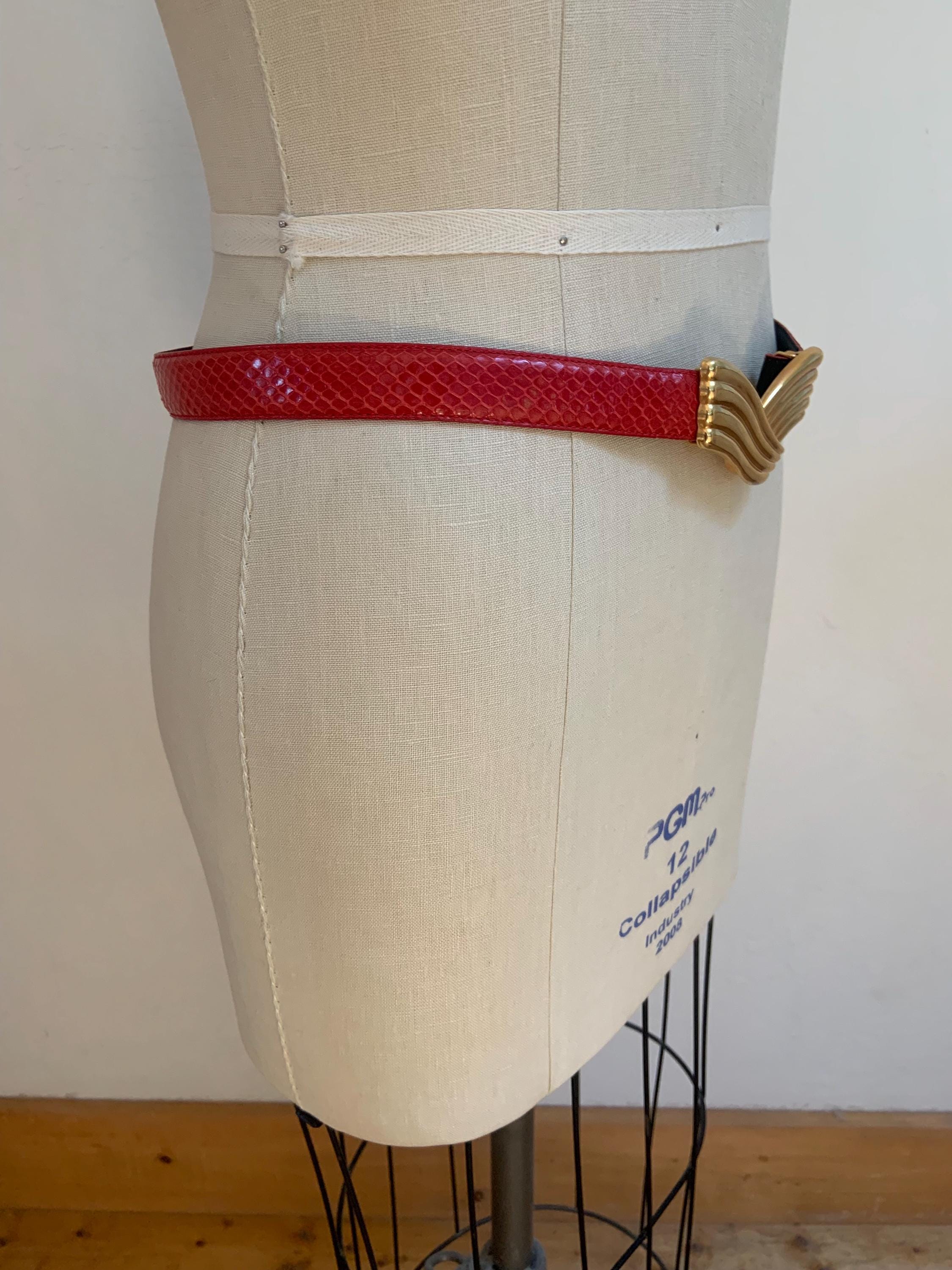 Vintage 1980s Glamorous Red Snake Skin on Leather Belt with Rad Gold Buckle Ruby Python Mother of Pearl Golden Dallas Belt main image 3