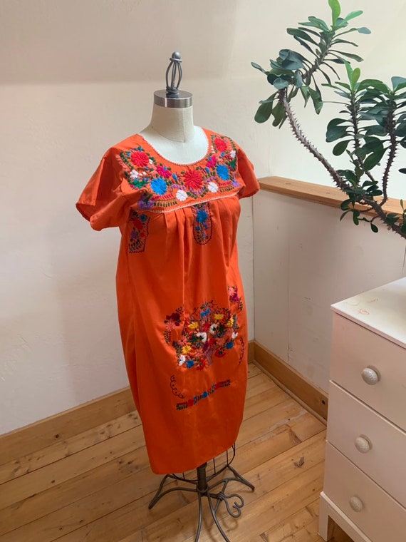 Hand Embroidered Orange Mexican Puebla Dress Small - image 4