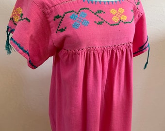 Vintage Hand Embroidered Mexican Dress Small, Vintage Pink Cotton Puebla Dress Small