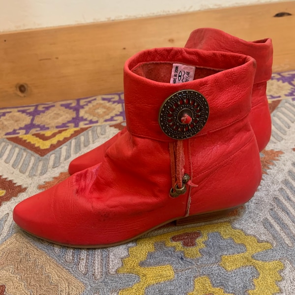 Vintage 1980’s Red Leather Booties with Concho Fringe Trim Size 6