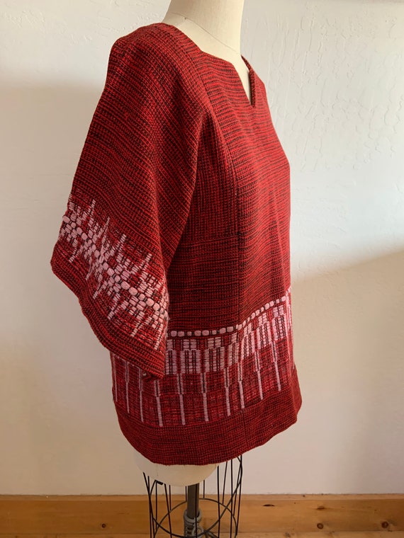 Vintage Hand Woven Red Wool Huipil Tunic, Hand Wov