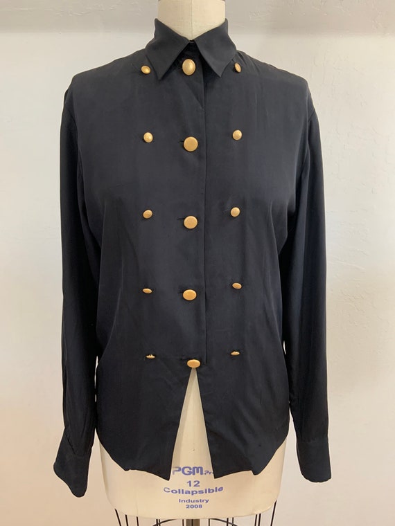 Vintage Black Silk Blouse with Gold Buttons Large - image 1