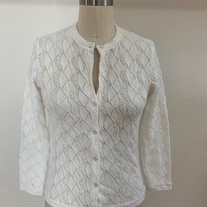 Vintage 1960’s Lacey Knit White Cardigan Small