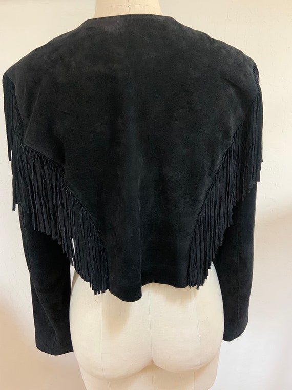 Vintage 1980’s Cropped Fringed Black Suede Jacket - image 4