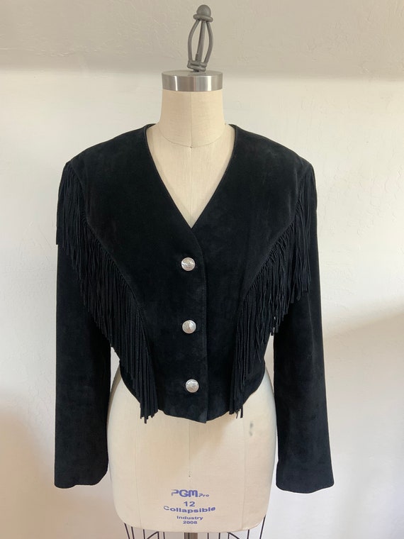 Vintage 1980’s Cropped Fringed Black Suede Jacket - image 2