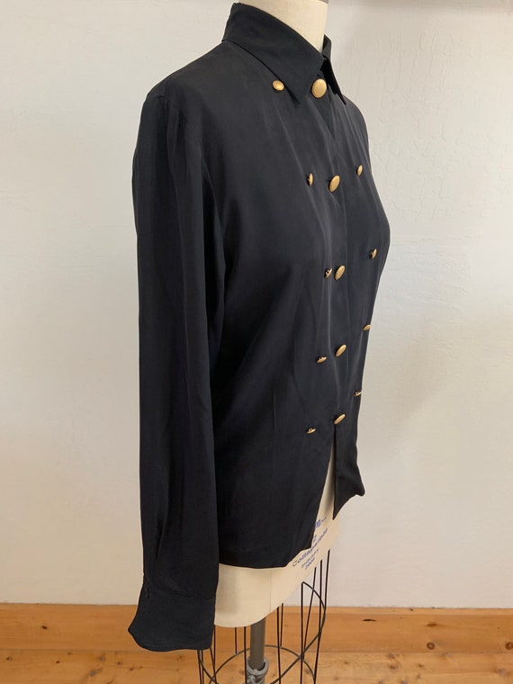 Vintage Black Silk Blouse with Gold Buttons Large - image 4