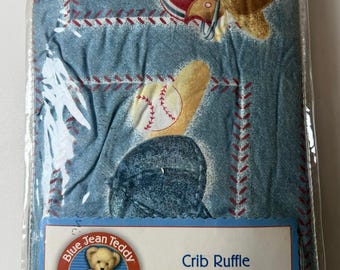 Vintage Blue Jean Teddy Baseball Bear Crib Skirt Ruffle Baby Nursery Bedding