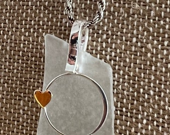 White Sea Glass Necklace Pendant with a Silver Gold Circle Heart from Ocean City NJ